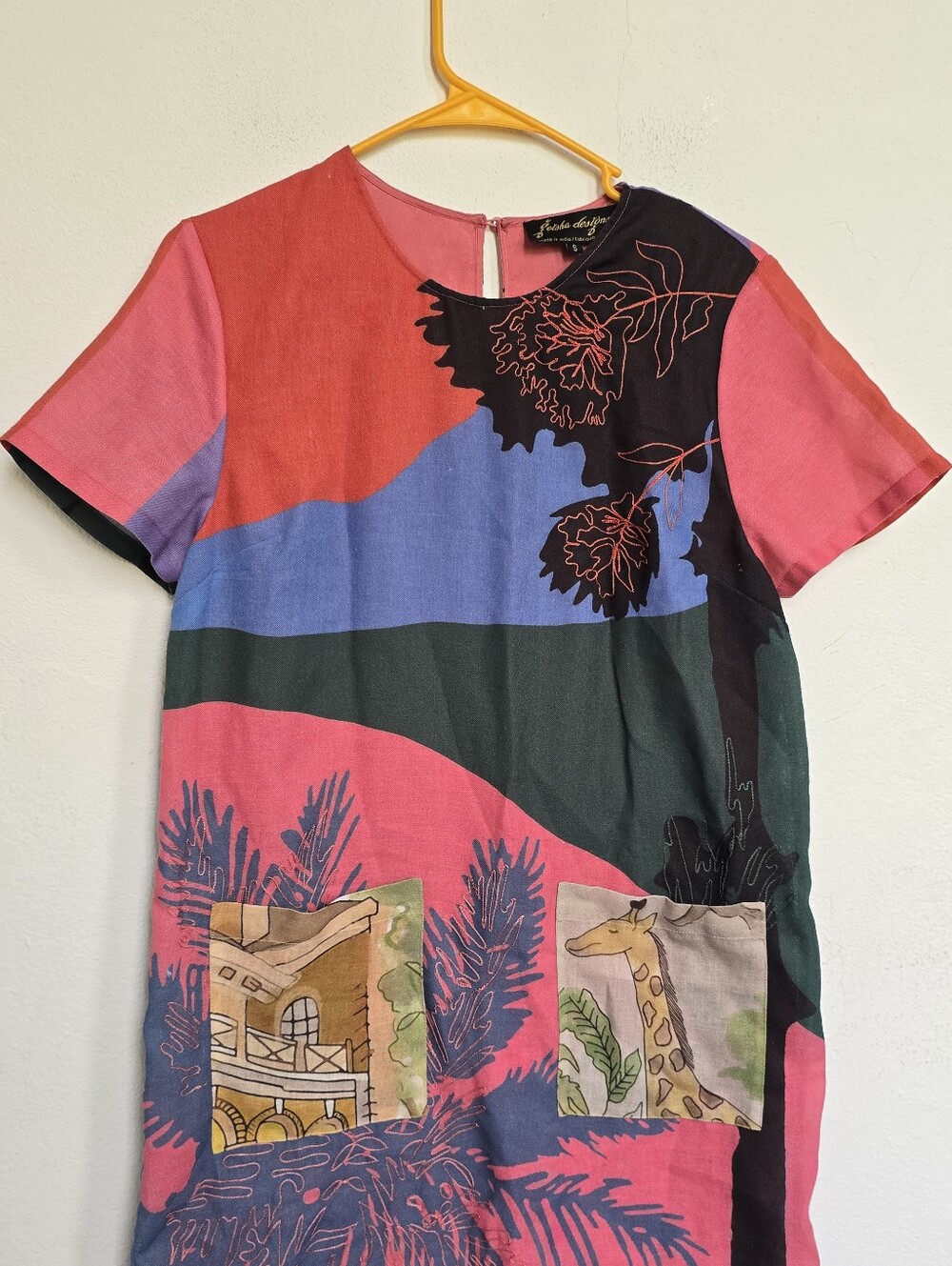 Geisha Designs Safari Art Linen Blend Tunic Dress Embroidered Pockets S - Picture 4 of 17